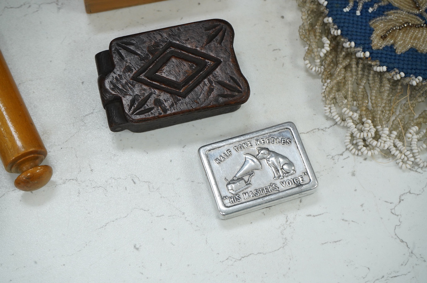 A collection of Victorian and later sundry items to include beadwork purse, watch holder, a kris handle and other treen
